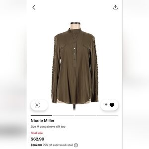 Nicole Miller 92% Silk Olive Green Blouse